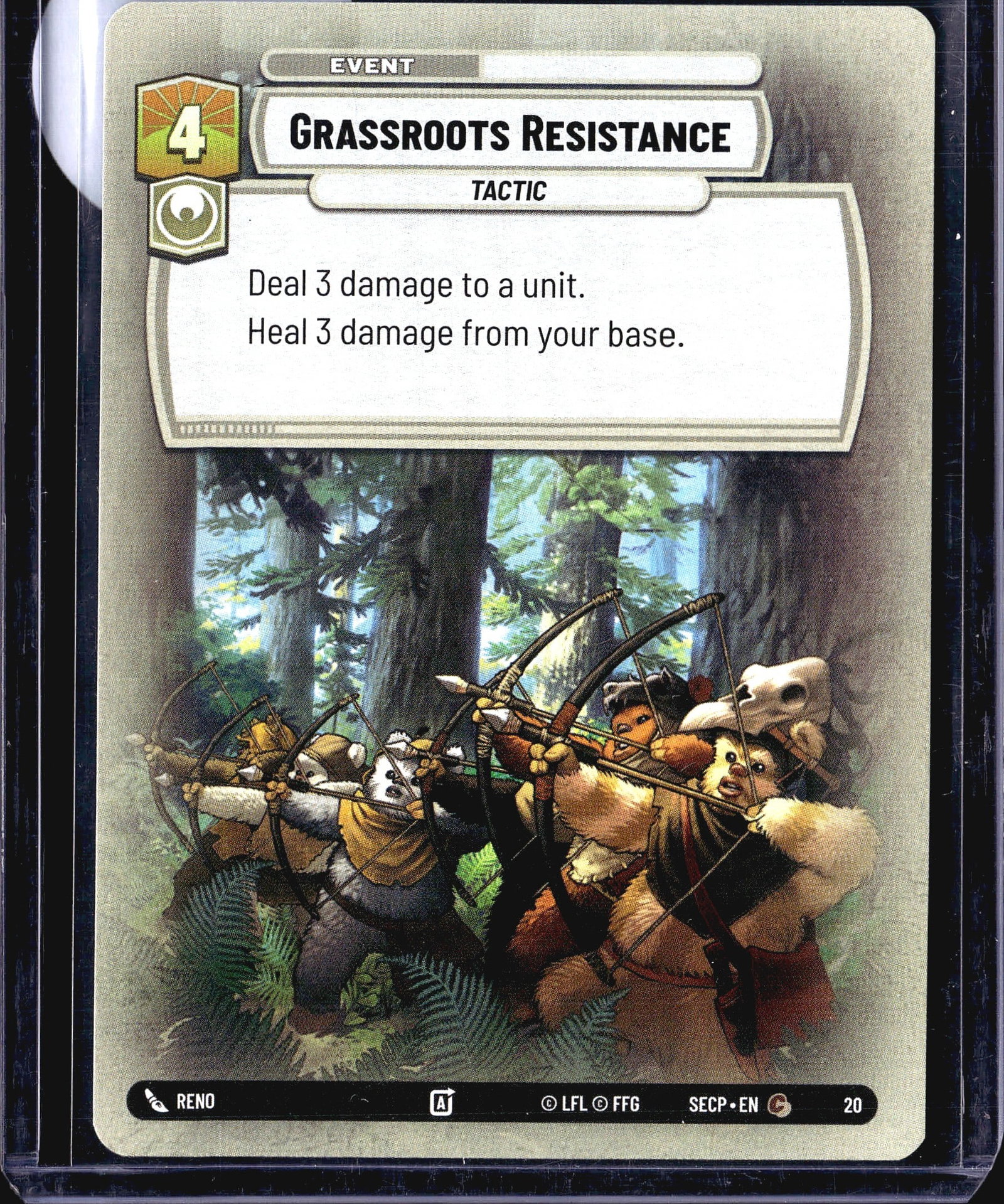2024 FFG Secrets of Power #20 Grassroots Resistan: This listing is for Grassroots Resistance, card number 20 from the Star Wars Unlimited trading card game, published by FFG (Fantasy Flight Games) and licensed by LFL. The card is an Event - Tactic