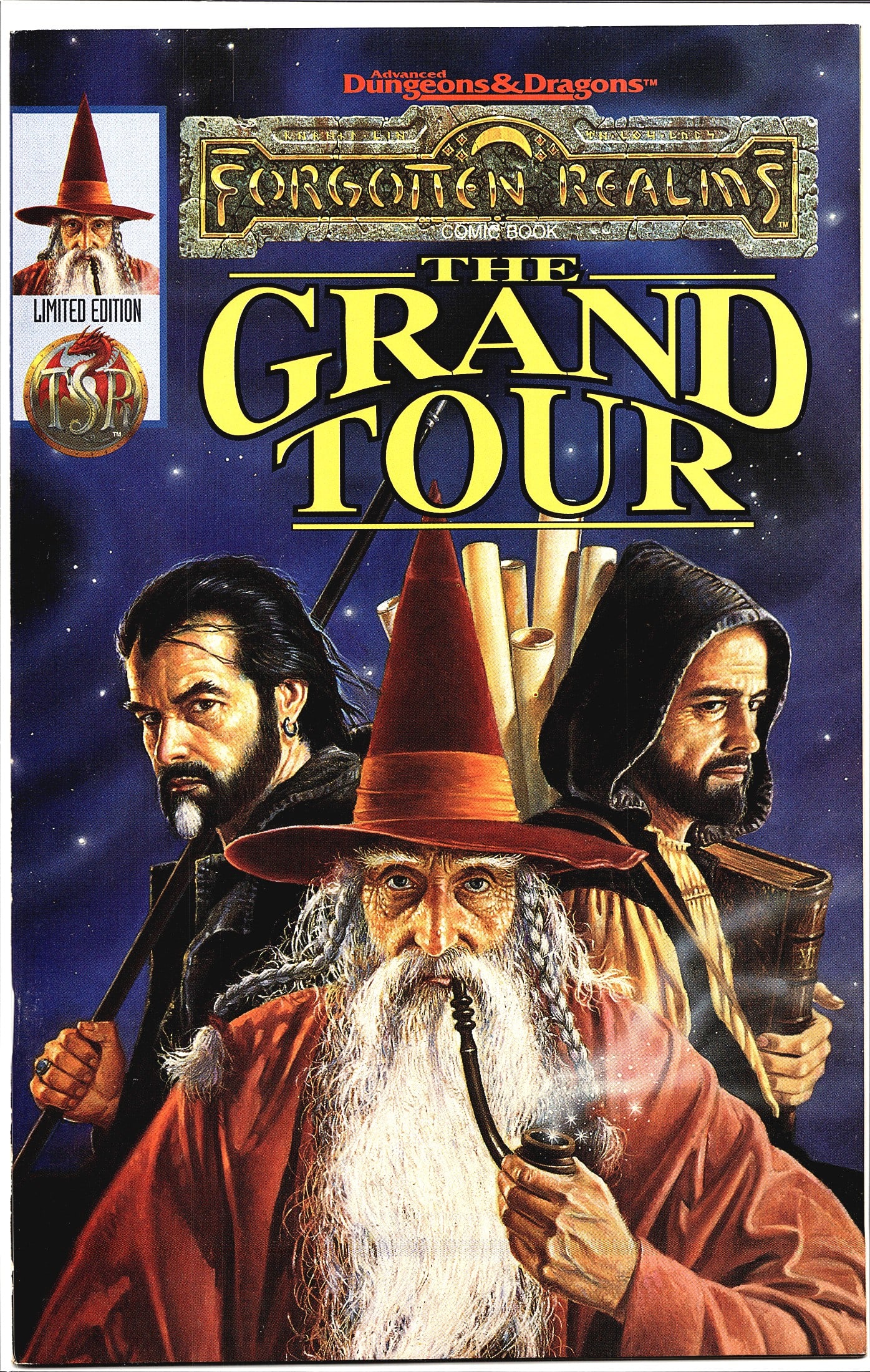 1996 TSR Forgotten Realms #1 Limited Edition Comi: This is the Advanced Dungeons & Dragons Forgotten Realms Comic Book titled 'The Grand Tour,' published by TSR. The cover features painted fantasy artwork depicting three characters - a white-bearded