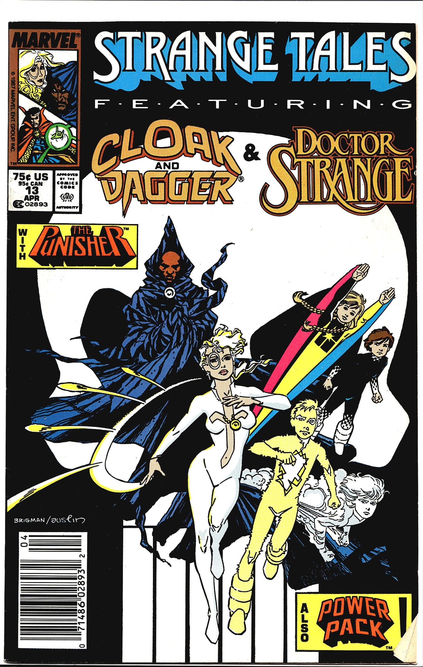 1988 Marvel Strange Tales #13 Cloak Dagger Doctor: This is Marvel Comics' Strange Tales #13, cover-dated April 1987, featuring Cloak and Dagger alongside Doctor Strange, with additional appearances by The Punisher and Power Pack. The cover art is cred