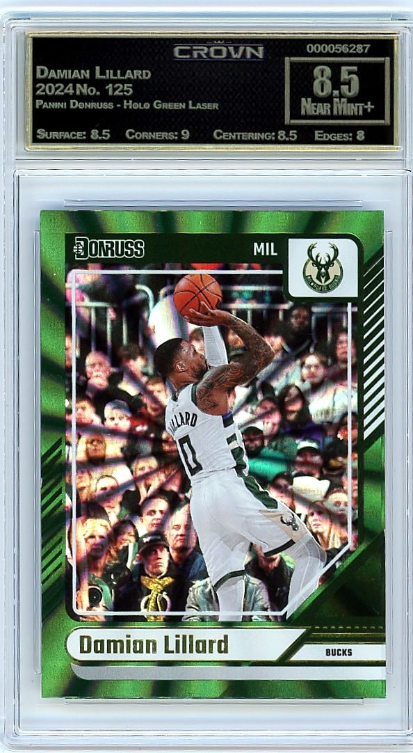 2024 Damian Lillard Panini Donruss Holo Green Las: This is a 2024 Damian Lillard card from the Panini Donruss Holo Green Laser set, card number 125. It has been professionally graded and authenticated by Crown Grading, one of the leading third-party