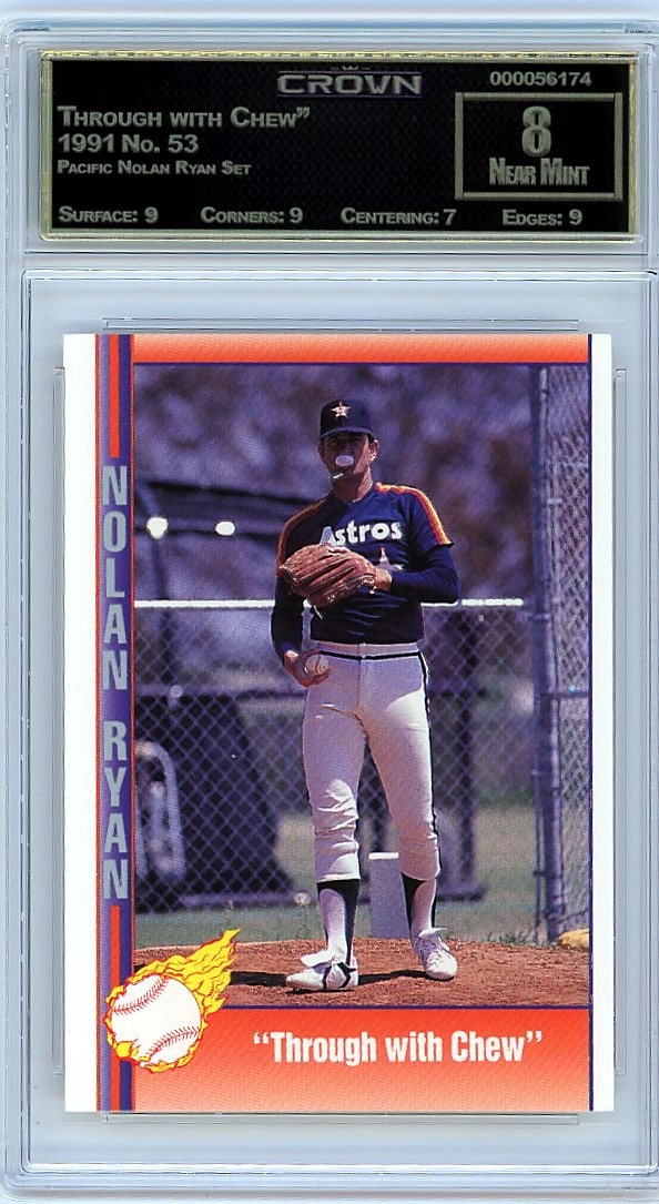 1991 Pacific Nolan Ryan Set #53 "Through with Che: This is a 1991 Pacific Nolan Ryan Set card #53 featuring "Through with Chew." The card comes from the iconic Pacific Nolan Ryan Set, a highly sought-after release celebrating the legendary pitcher's
