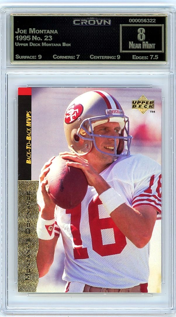 1995 Joe Montana Upper Deck Montana Box Card #23: This is a 1995 Joe Montana card from the Upper Deck Montana Box set, card number 23. It's a vintage piece from one of the most iconic quarterback's career, captured during a significant era of sports 