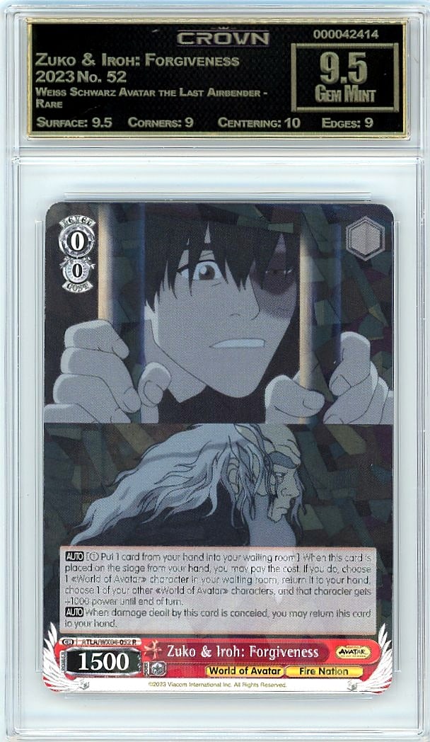 2023 Zuko & Iroh: Forgiveness Weiss Schwarz Avata: Graded by Crown Grading. Grade: 9.50. Gem Mint