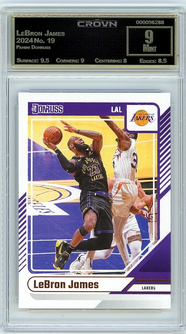 2024 LeBron James Panini Donruss #19 Crown Graded: This is a 2024 LeBron James card from the Panini Donruss set, card number 19. It captures one of basketball's all-time greats in the classic Donruss design that collectors have trusted for decades.