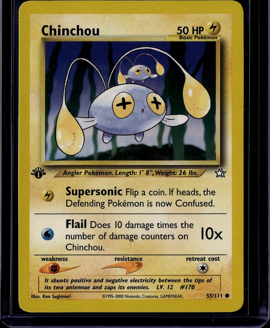 2000 Pokemon Neo Genesis Chinchou Card #55 Excell: This is an authentic Chinchou Pokemon Trading Card Game card from the original Base Set era, circa 2000. Card #170 features the iconic electric-type Angler Pokemon with vibrant yellow borders and