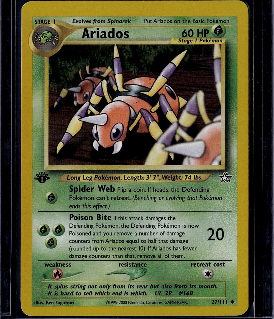 2000 Pokemon Neo Genesis Ariados 27/111 Near Mint: Ariados 27/111 is an Uncommon Stage 1 Pokemon card from the Neo Genesis expansion, released December 16, 2000. It features 60 HP and the Poison Bite attack. Neo Genesis was the 8th TCG expansion and
