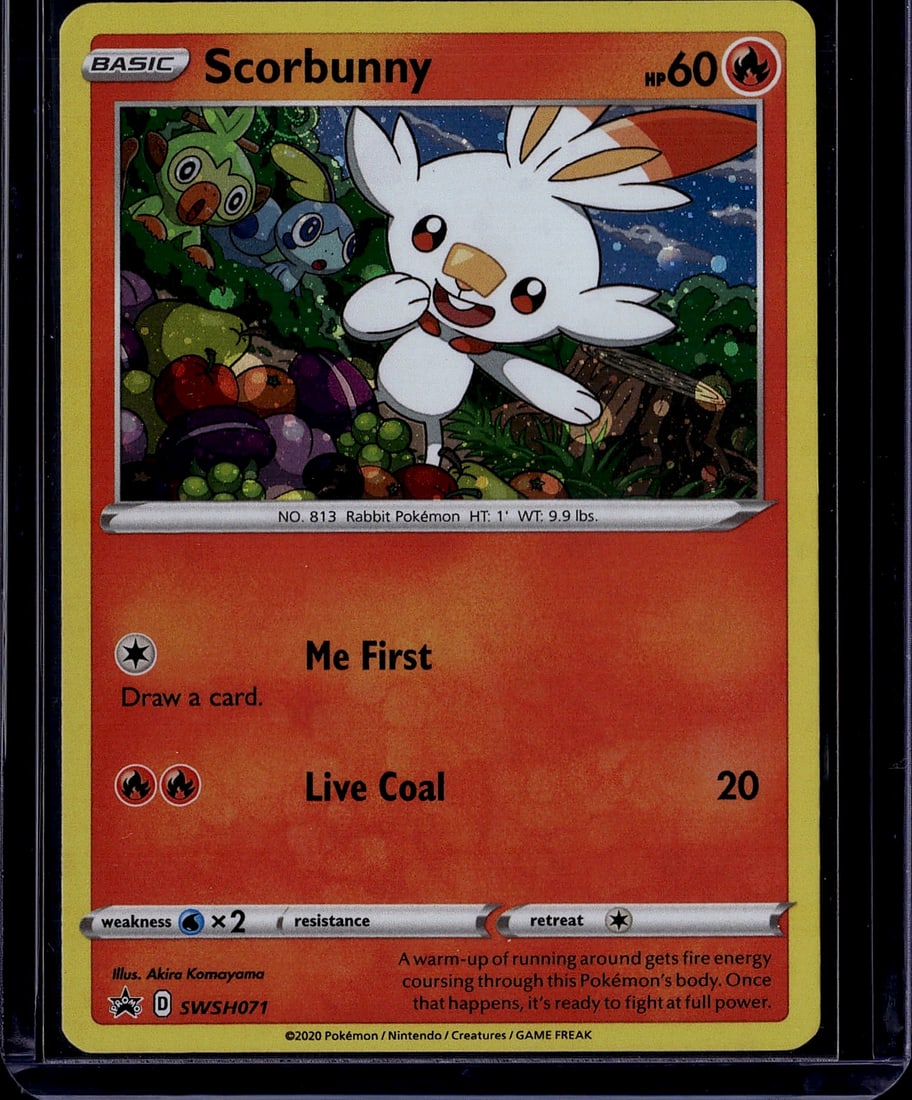 2020 Pokemon Sword & Shield Scorbunny #813 Basic: This is a 2020 Pokemon Trading Card Game card featuring Scorbunny, card #813 from the Sword & Shield set. Scorbunny is a Basic Fire-type Rabbit Pokemon with 60 HP. The card features beautiful artwork