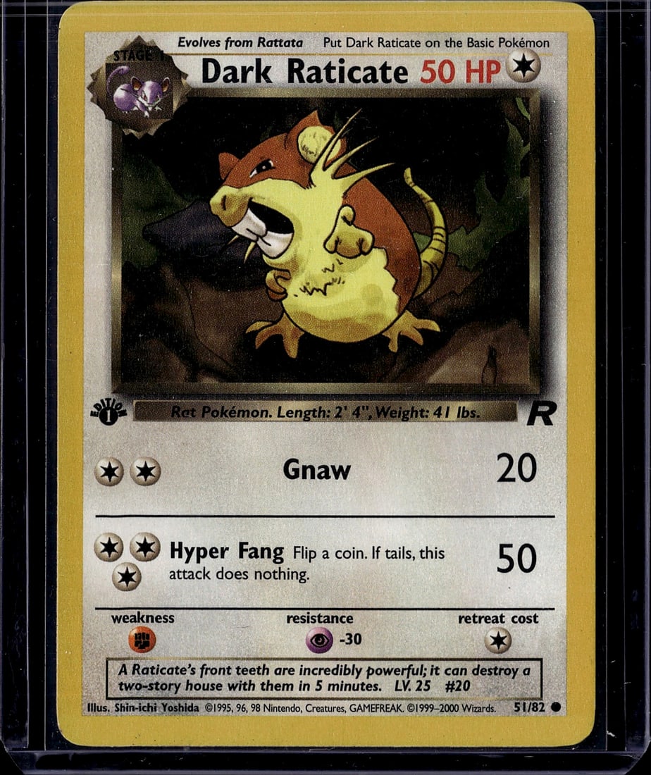 2000 Team Rocket Dark Raticate 51/82 Pokemon Card: This is an authentic Dark Raticate Pokemon Trading Card from the Team Rocket expansion set, published by Wizards of the Coast in 2000. Card number 51/82, this Stage 1 Darkness-type card evolves from