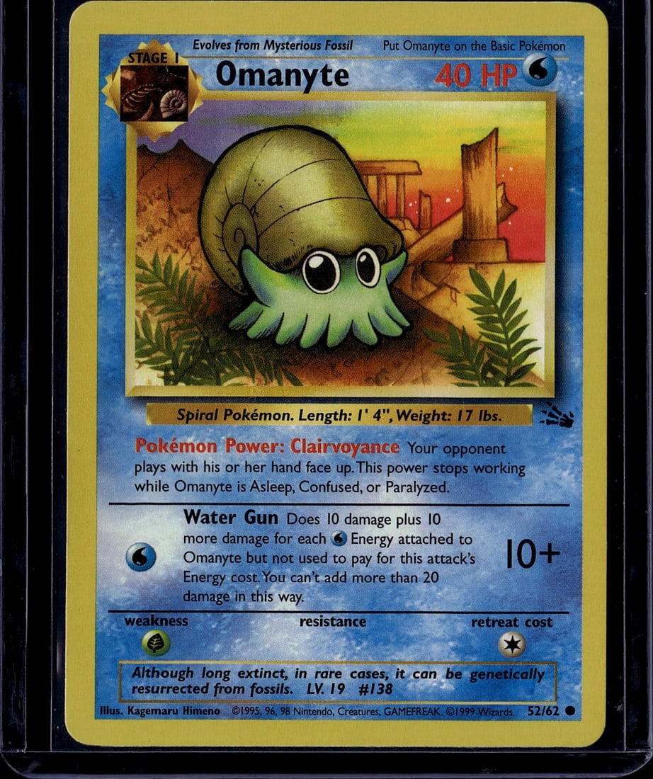 1999 Wizards of the Coast Fossil Omanyte #52/62 P: Omanyte 52/62 is a Common Stage 1 Water-type Pokemon card from the 1999 Pokemon TCG Fossil set, published by Wizards of the Coast. The set contains 62 cards total and was released in 1999. Omanyte fea