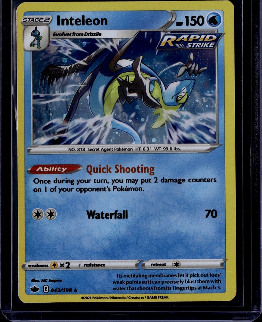 2021 Pokemon Sword Shield Chilling Reign Inteleon: Inteleon 043/198 is a Holo Rare Stage 2 Water-type Pokemon card from the Sword & Shield: Chilling Reign set (SWSH06), released June 18, 2021. The card carries the Rapid Strike subtype marker and