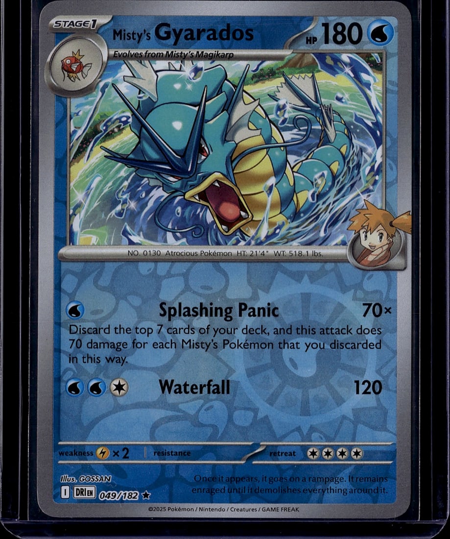 2025 Misty's Gyarados 049/182 Scarlet Violet Dest: Misty's Gyarados is a Stage 1 Water-type Pokemon card from the Scarlet & Violet: Destined Rivals set (set code SV10), numbered 049/182. It is a Rare card with 180 HP and features the attack Splashing