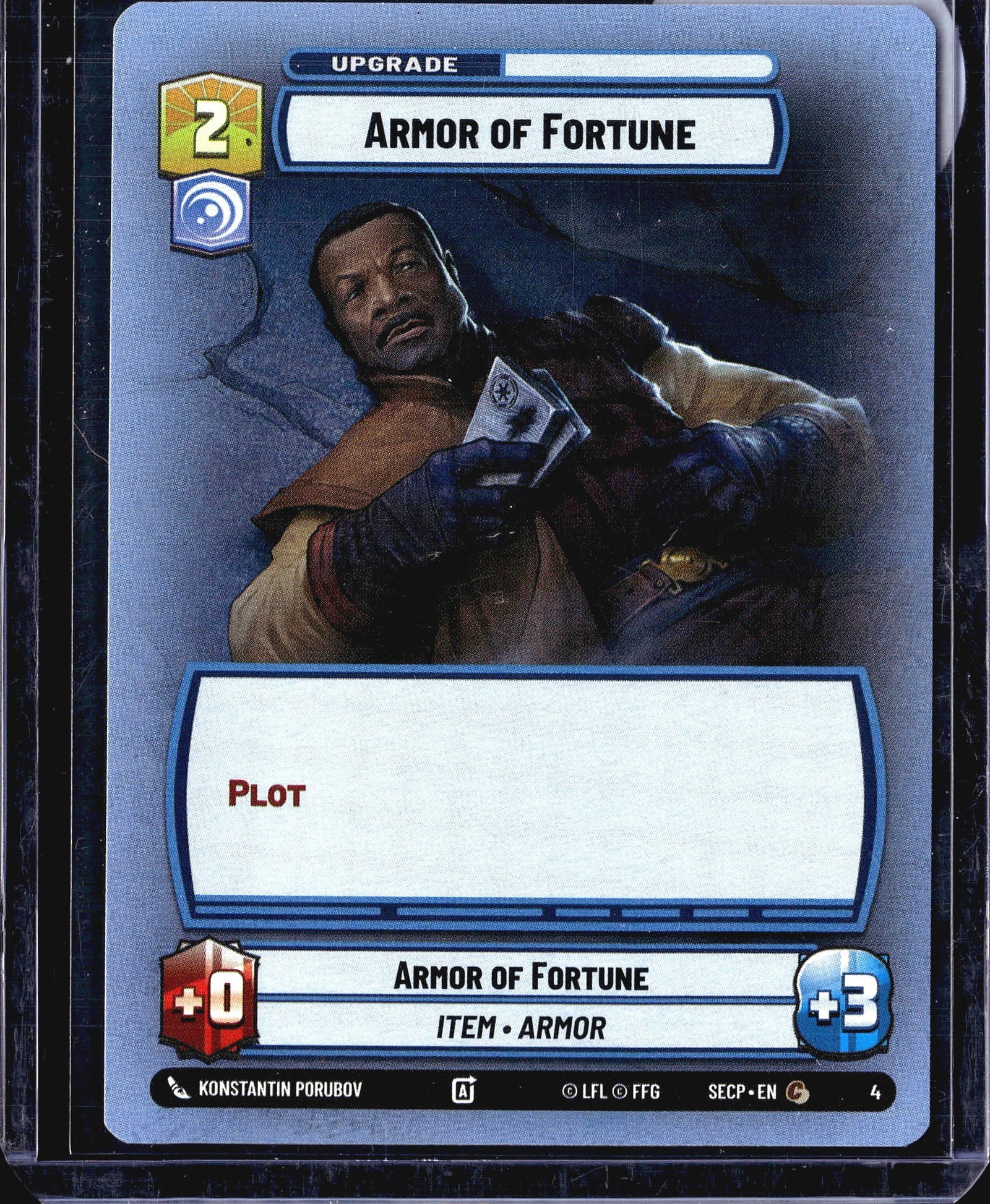 2024 Fantasy Flight Games Secrets of Power Star W: This listing is for the Armor of Fortune upgrade card (#4) from the Star Wars Unlimited trading card game, set Spark of Rebellion (SECP). Published by Fantasy Flight Games under LFL license. The card 