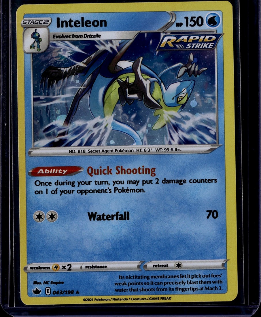 2021 Pokemon Inteleon 043/198 Stage 2 Rapid Strik: This is a 2021 Pokemon Trading Card Game Sword & Shield series Inteleon Stage 2 card (No. 818, Secret Agent Pokemon) numbered 043/198. Inteleon is depicted in dynamic action on the card with the