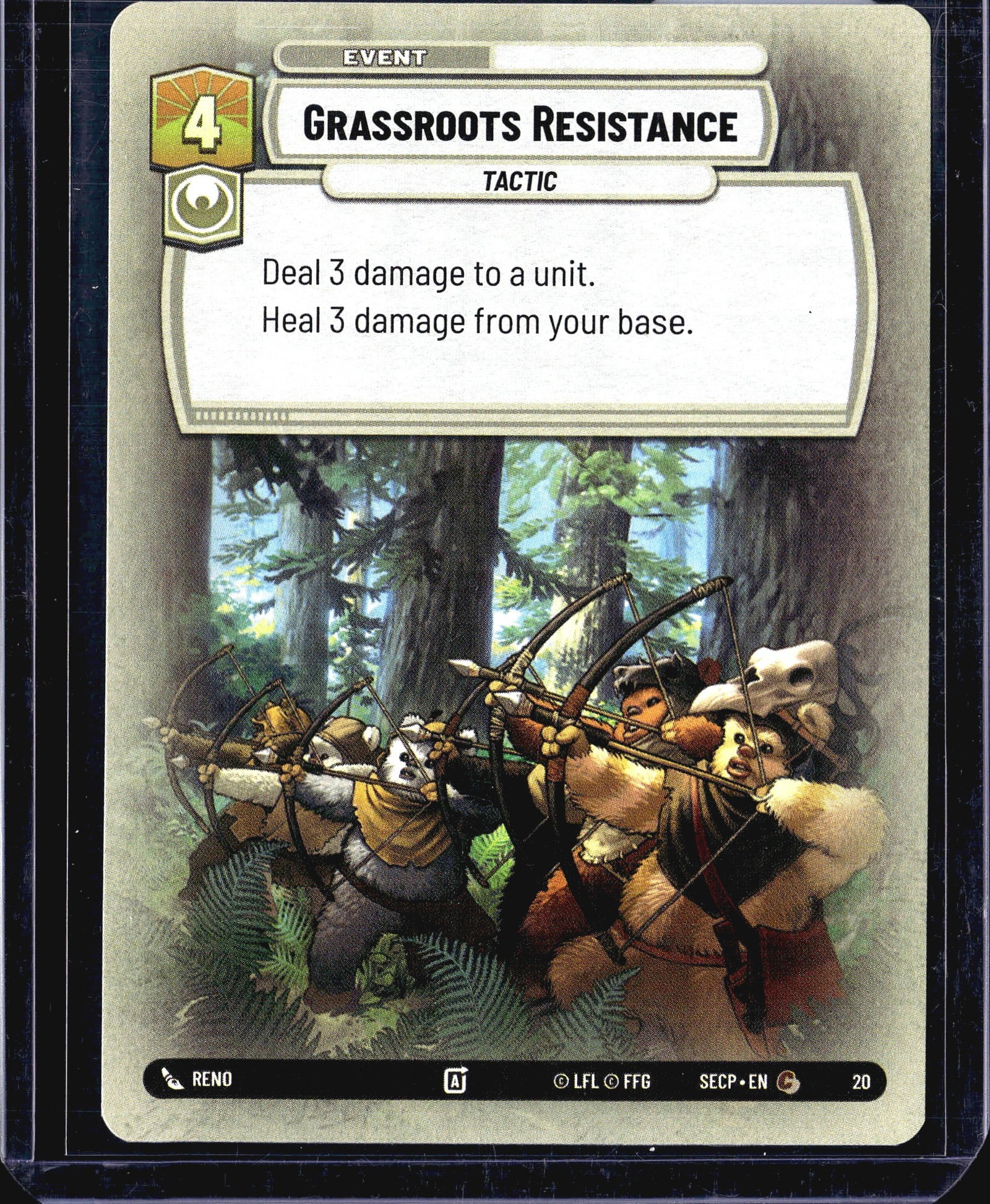 Star Wars Unlimited Grassroots Resistance Event T: This listing is for the Star Wars Unlimited Trading Card Game single card Grassroots Resistance, card number 20 from the SECP set (Spark of Rebellion). It is an Event - Tactic card with a cost of 4 re