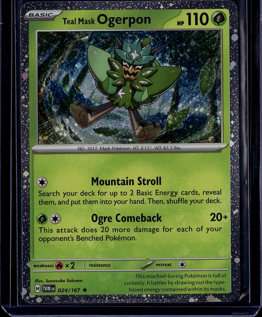 2024 Pokemon Scarlet Violet Twilight Masquerade T: Teal Mask Ogerpon is a Grass-type Basic Pokemon card (Rare) from the Scarlet & Violet SV06: Twilight Masquerade set, released in 2024. It features the attacks Mountain Stroll and Hundred Furious