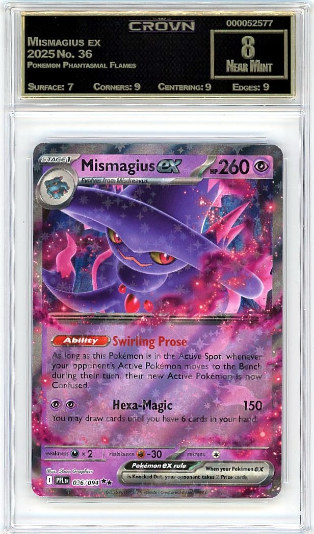 2025 Mismagius ex Pokemon Phantasmal Flames #36 C: Graded by Crown Grading. Grade: 8.00. Near Mint