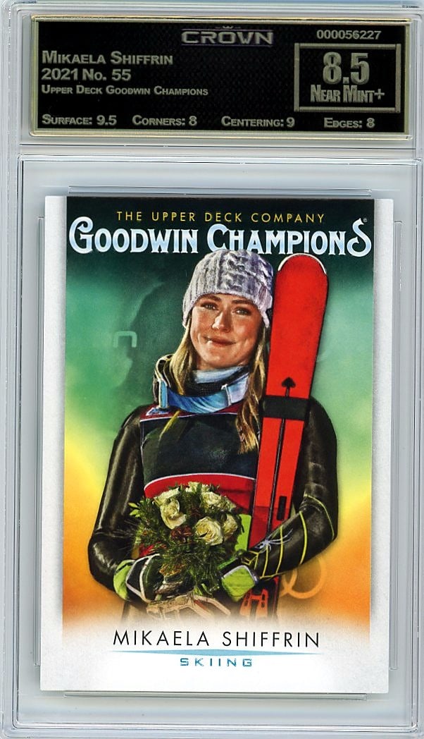 2021 Mikaela Shiffrin Upper Deck Goodwin Champion: This is a 2021 Mikaela Shiffrin card from the Upper Deck Goodwin Champions set, card number 55. Goodwin Champions is a premium trading card line featuring elite athletes across multiple sports, and th