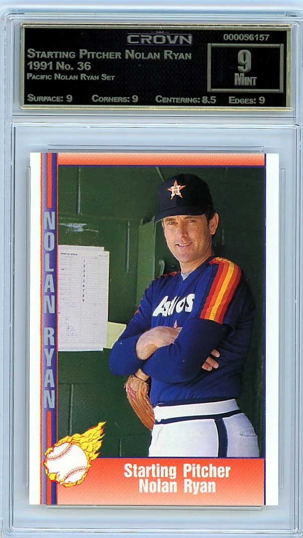 1991 Pacific Nolan Ryan #36 Card Crown Graded 9: This is a 1991 Pacific Nolan Ryan Set card #36 featuring Starting Pitcher Nolan Ryan. The card comes professionally graded and authenticated, making it a verified collectible for serious enthusiasts.