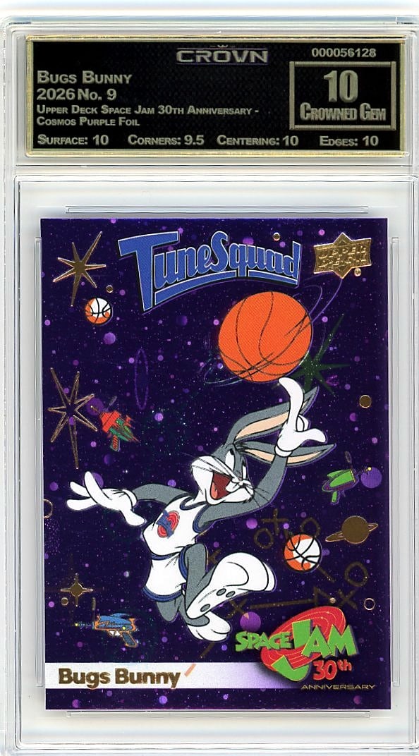 2026 Bugs Bunny Upper Deck Space Jam #9 Crown Gra: This is a 2026 Bugs Bunny card from the Upper Deck Space Jam 30th Anniversary - Cosmos Purple Foil set, card number 9. The Cosmos Purple Foil parallel is a premium, limited-print version of this iconi