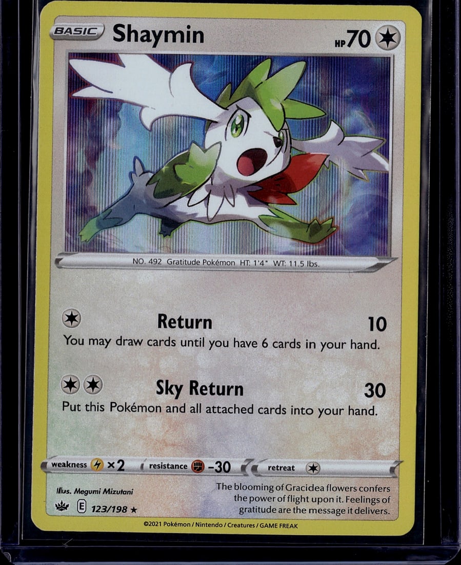 2021 Shaymin 123/198 Sword & Shield Chilling Reig: Shaymin 123/198 is a Holo Rare from the Sword & Shield: Chilling Reign set (SWSH06), released in 2021. It is a Basic Colorless-type Pokemon with 70 HP, featuring the attacks Return and Sky Return.