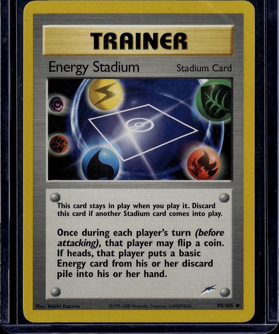 Energy Stadium Trainer 99/105 Neo Genesis Pokemon: This is an ungraded Energy Stadium Trainer card from the Pokemon Neo Genesis set (2000). Card number 99/105, illustrated by Hideki Kazama. This is a Stadium card that remains in play once played,