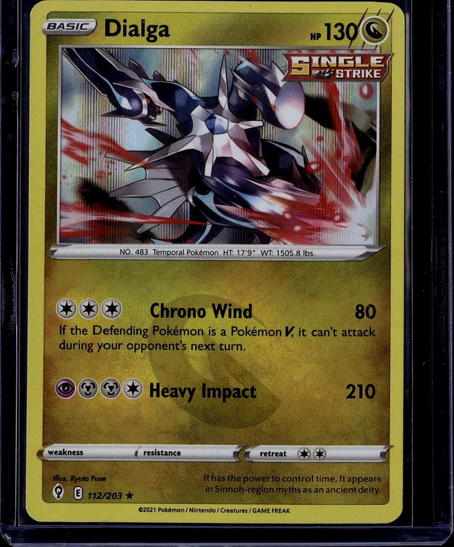 2021 Pokemon Dialga Basic Single Strike 112/203 T: This is a raw 2021 Pokemon Trading Card Game Dialga Basic Pokemon card from the Single Strike expansion set. Card #112/203 features the Temporal Pokemon with 130 HP. The card displays crisp centering