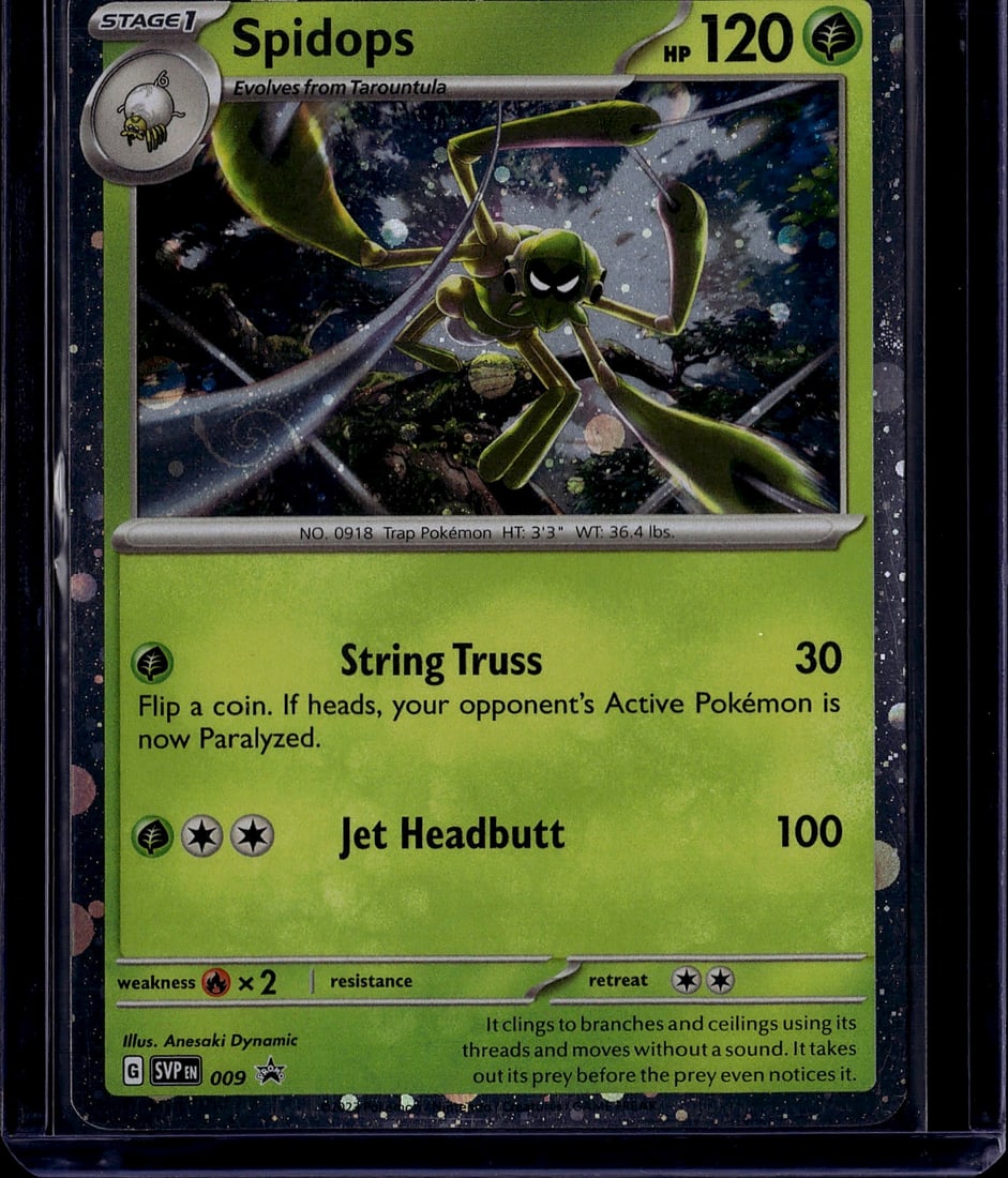 Spidops 009 Scarlet & Violet Pokemon Card Stage 1: This is a raw Spidops Pokemon trading card from the Scarlet & Violet set, card number 009. Spidops is a Stage 1 Grass-type Pokemon with 120 HP that evolves from Tarountula. The card features beautiful
