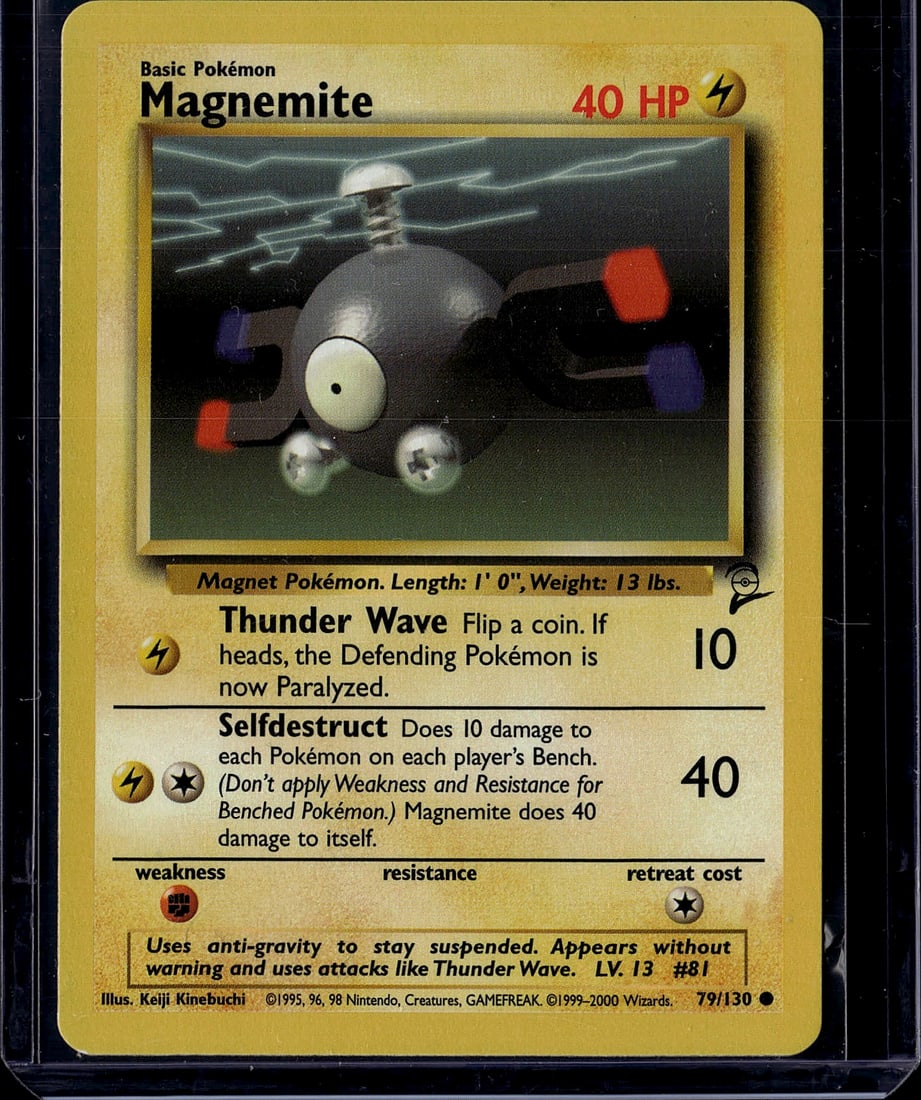 Magnemite Base Set 79/130 Pokemon Card 1999 - Nea: This is an authentic Magnemite Pokemon Trading Card from the iconic Base Set, released in 1999. Card #79/130 features the classic magnet Pokemon with its distinctive design by illustrator Keiji Kinebu