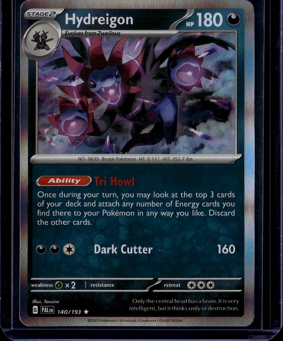 2023 Pokemon Scarlet Violet Paldea Evolved Hydrei: Hydreigon 140/193 is a Holo Rare Stage 2 Darkness-type Pokemon card from the Scarlet & Violet: Paldea Evolved (SV02) set, released June 9, 2023. It features 180 HP, the "Tri Howl" Ability, and the