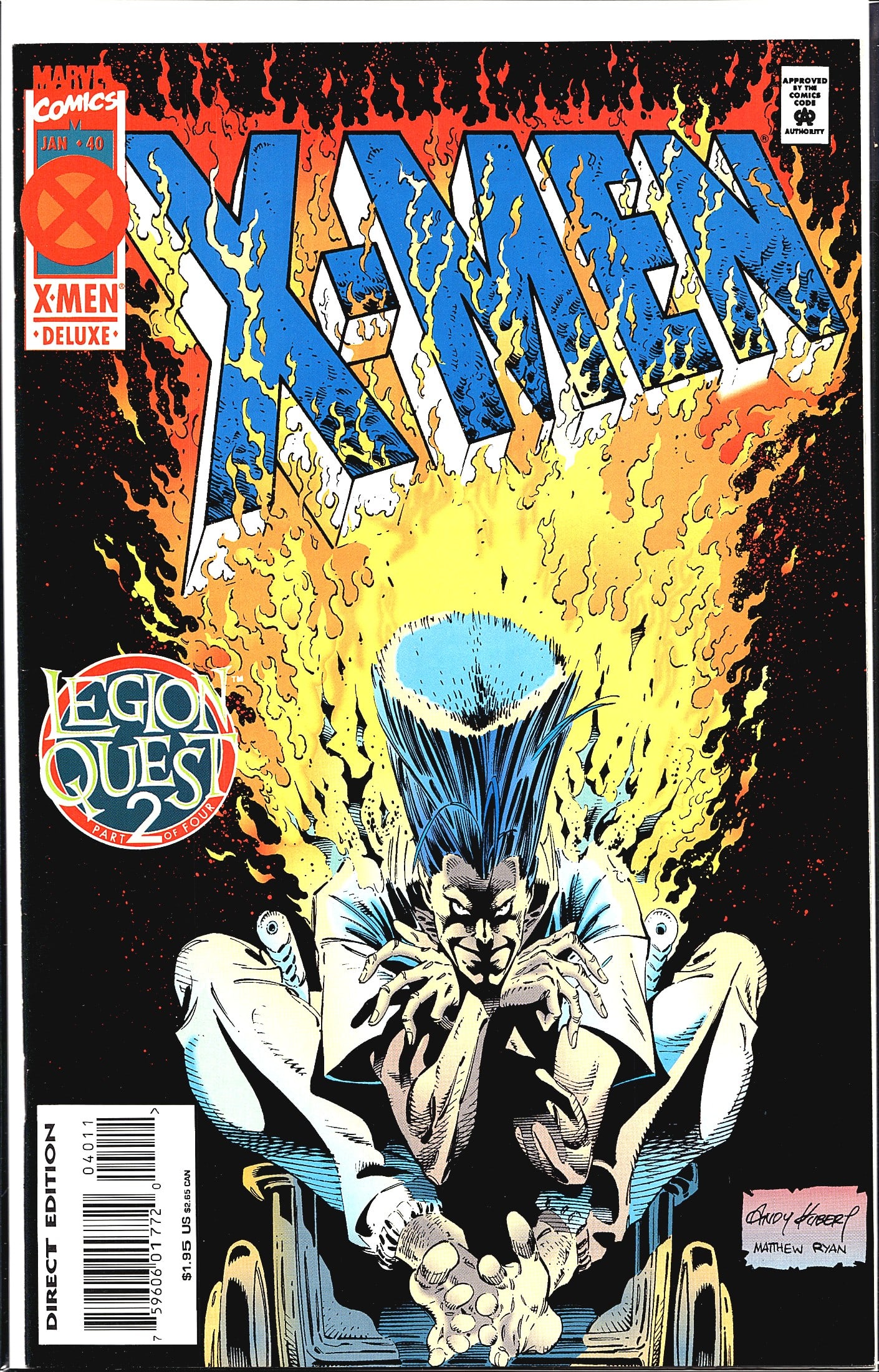 1995 Marvel X-Men 2nd Series #40 Deluxe Edition C: This is X-Men #40 (January 1995) published by Marvel Comics, part of the 'Legion Quest' crossover event (Part 2 of 4). The cover art is signed by Andy Kubert and Matthew Ryan, featuring a dramatic ima