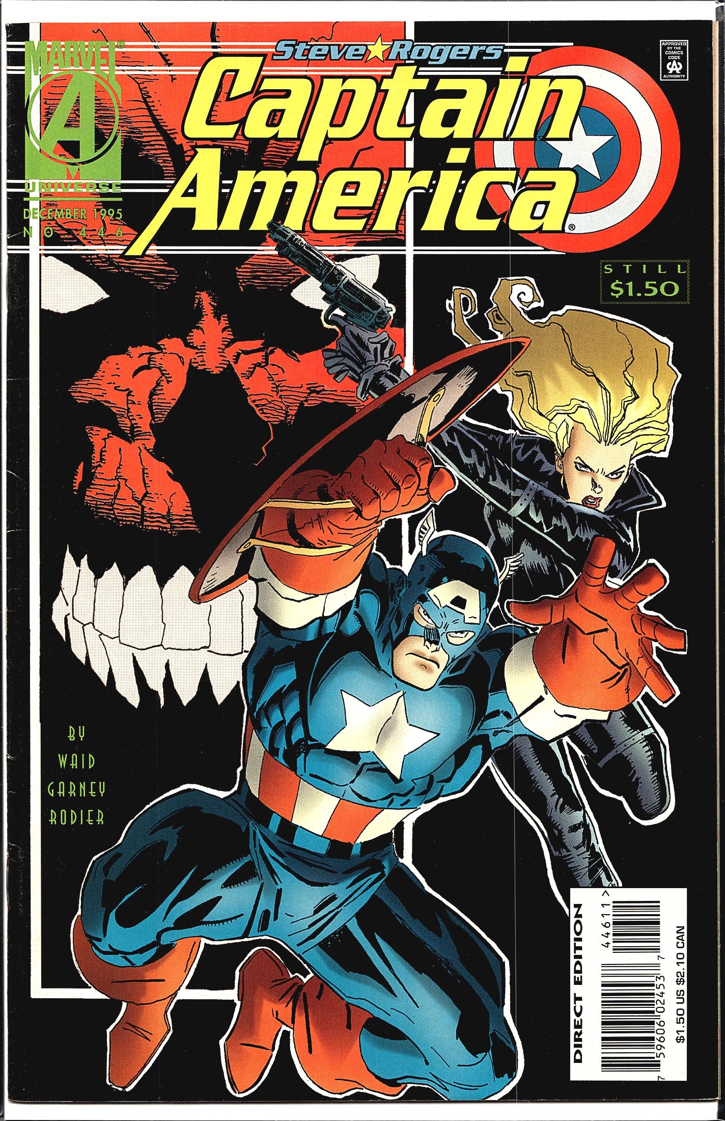 1995 Marvel Captain America #446 Steve Rogers Com: This is issue #446 of Marvel's Captain America, titled under the 'Steve Rogers Captain America' banner and dated December 1995. The cover features Captain America in his classic blue, red, and white c