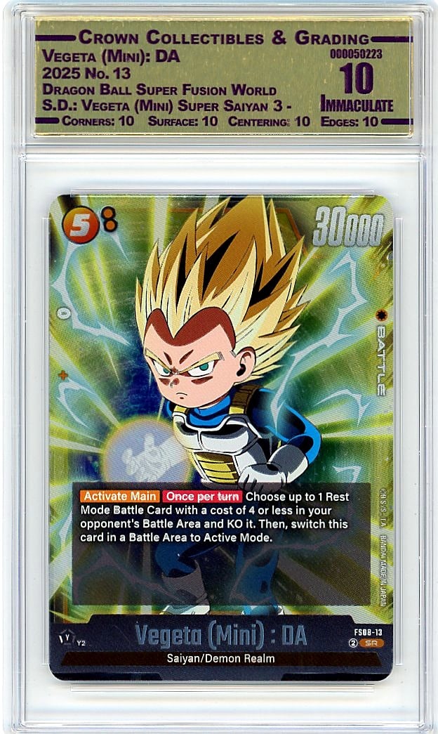 2025 Vegeta Mini Super Saiyan 3 Dragon Ball Super: This is a 2025 Vegeta (Mini) Super Saiyan 3 card from the Dragon Ball Super Fusion World S.D. set, card number 13. It's a Super Rare pull featuring one of the most iconic characters in the Dragon