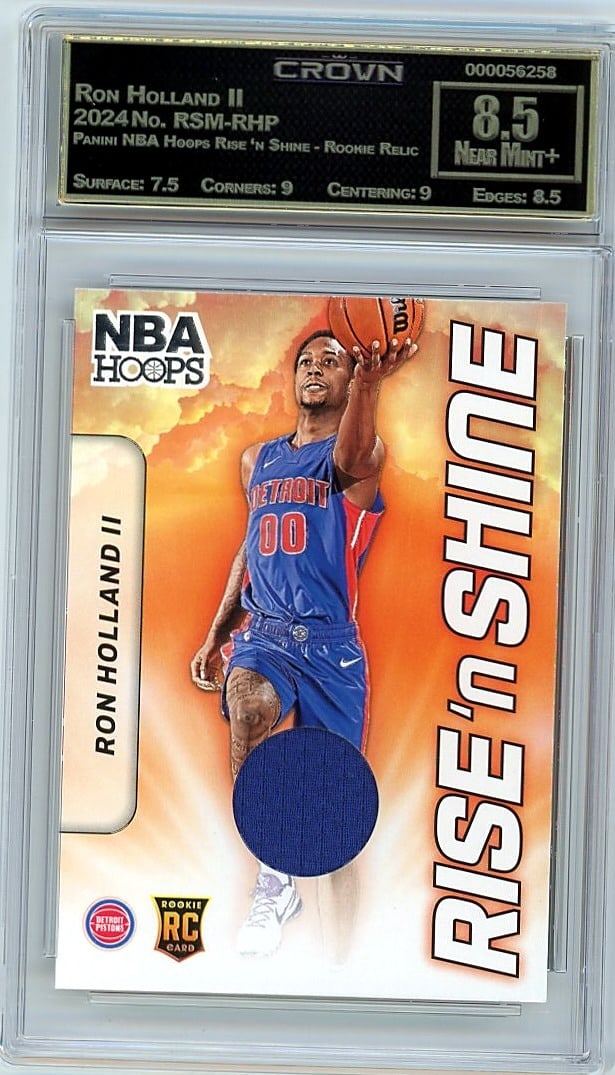 2024 Ron Holland II Panini NBA Hoops Rise 'n Shin: This is a 2024 Ron Holland II card from the Panini NBA Hoops Rise 'n Shine Rookie Relic set, card number RSM-RHP. It's a professionally graded rookie relic card featuring one of the year's most