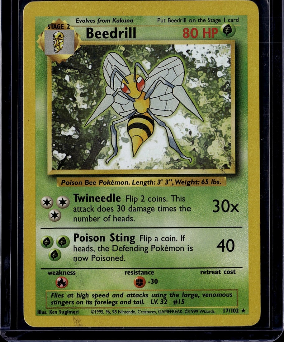 Beedrill Stage 2 Base Set 17/102 Pokemon Card 199: This is an authentic 1999 Pokemon Base Set Beedrill Stage 2 card (#17/102), one of the classic Poison Bee Pokemon from the original set. The card features Beedrill's iconic artwork by Ken Sugimari,