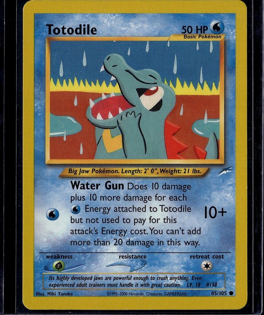Totodile #158 Pokemon Base Set Single Card - Wate: This Totodile #158 Pokemon Trading Card is from the iconic Base Set, originally released in 2000. The card features the Big Jaw Pokemon in excellent detail, showcasing Totodile's characteristic