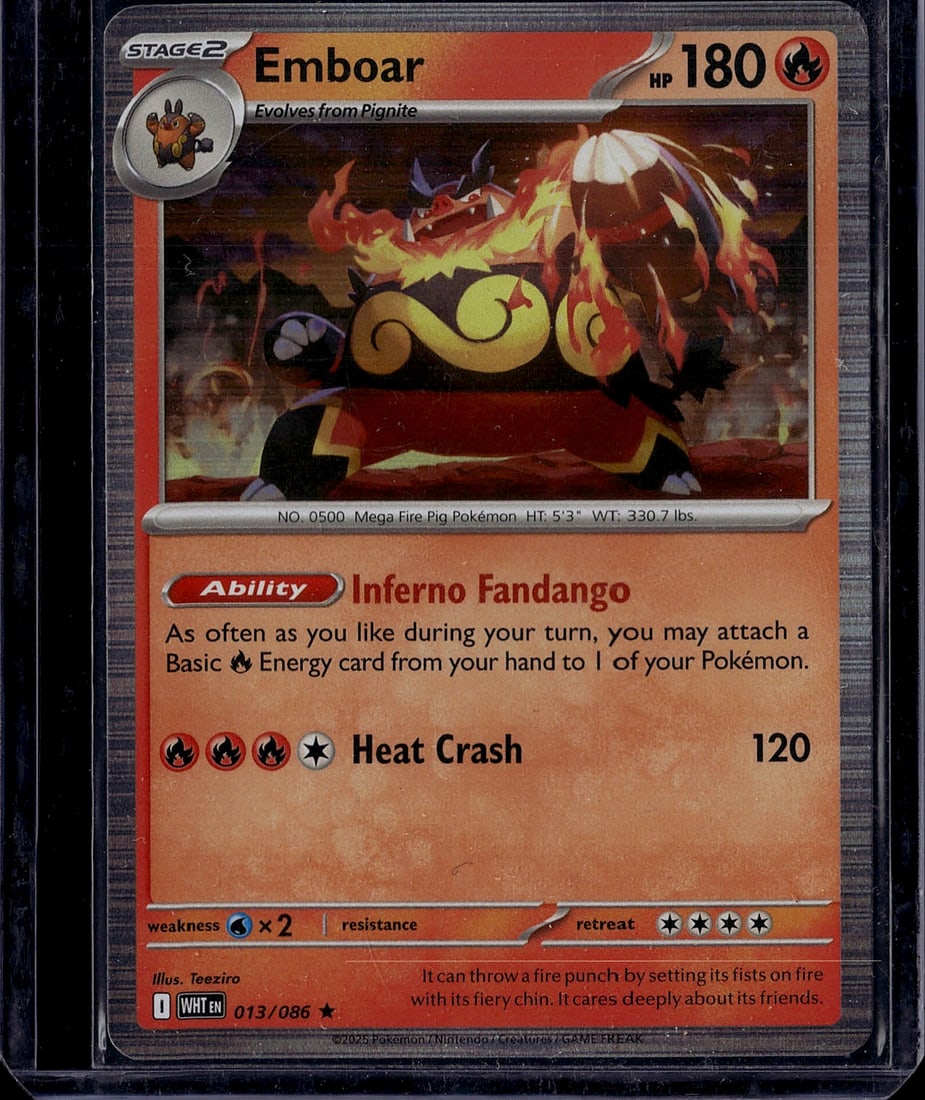 Emboar 013/086 Black & White Stage 2 Fire Pokemon: This is a raw Emboar Holo Rare card from the Black & White set (Card #013/086), a Stage 2 Fire-type Pokemon that evolves from Pignite. The card features the classic illustration by Teeziro and display