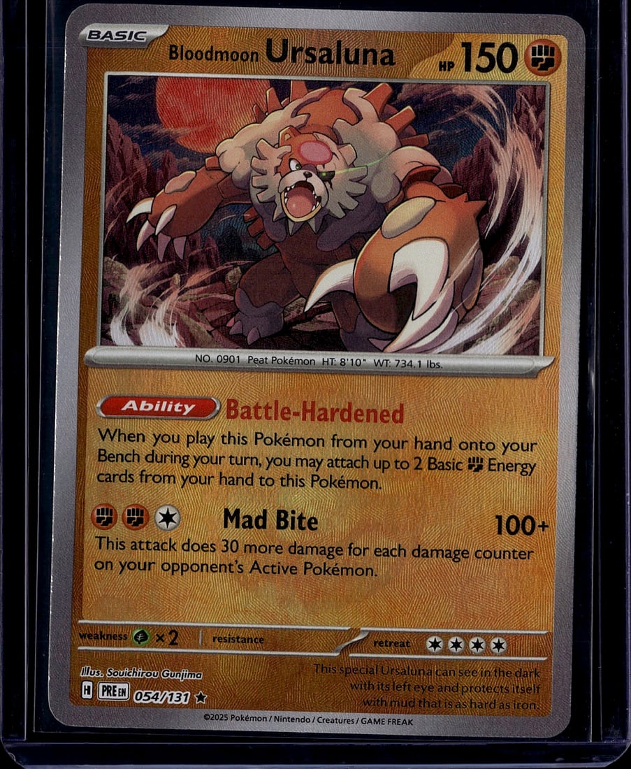 Bloodmoon Ursaluna 054/150 Pokemon Card 2025 - HP: This is a Bloodmoon Ursaluna Pokemon card from the 2025 Scarlet & Violet set, card number 054/150. This Basic Peat Pokemon card features an HP of 150 and showcases vibrant artwork of the fierce