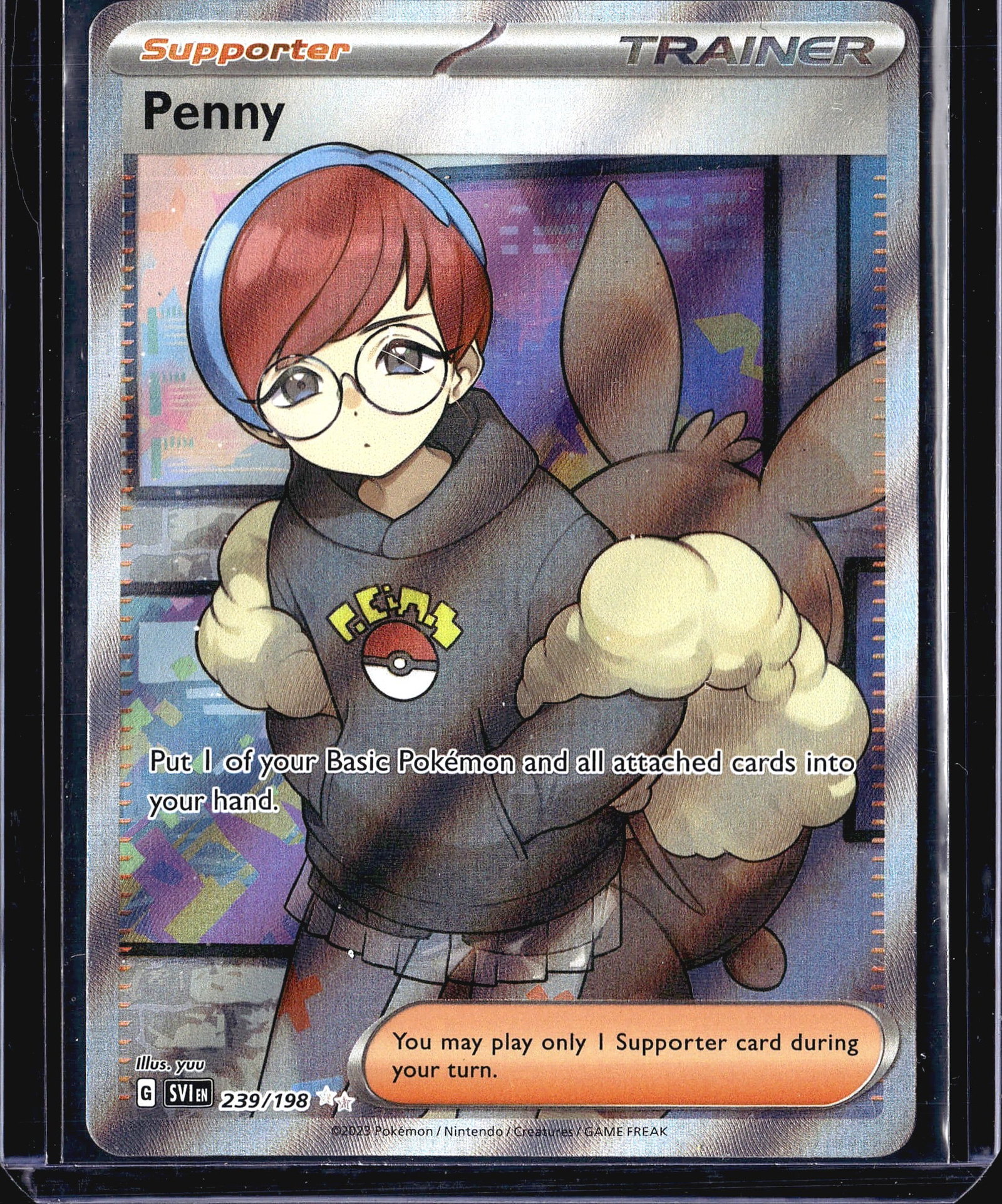 2023 Pokemon Scarlet Violet 239/198 Penny Full Ar: This listing features the 2023 Pokemon Scarlet & Violet Base Set Penny Supporter Trainer card, numbered 239/198. Penny is a Supporter Trainer card that allows the player to put 1 of their Basic