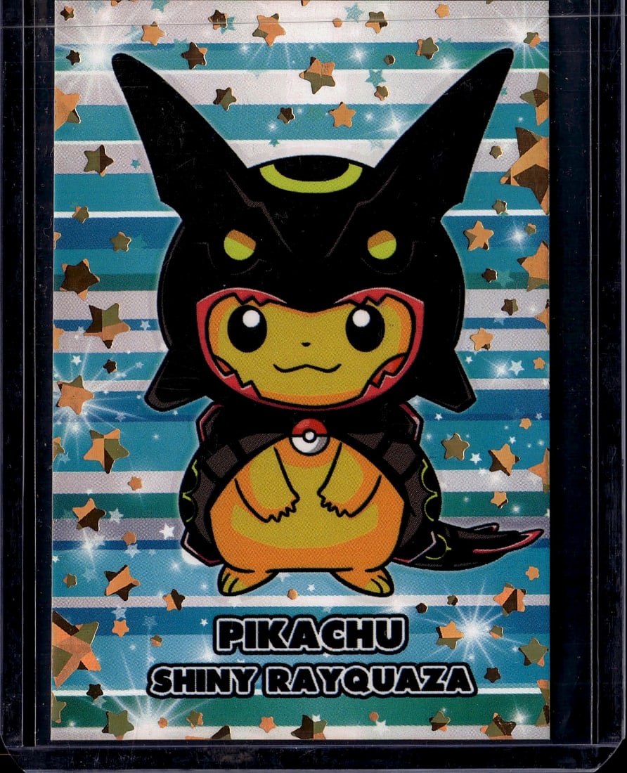 2016 Pokemon Japanese XY-P Promos 231/XY-P Shiny: A highly sought-after Japanese exclusive Full Art XY-P Promotional card featuring Pikachu wearing a Shiny Rayquaza poncho. Released on July 6, 2016, as part of the limited-edition 'Rayquaza