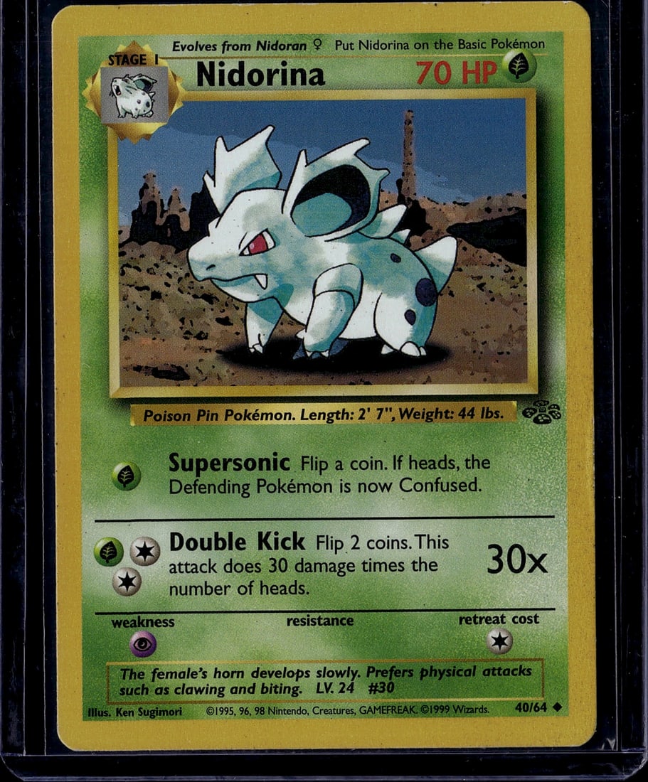 Nidorina 40/64 Pokemon Base Set Card 1999 Stage 1: This is an authentic Nidorina Pokemon Trading Card from the 1999 Base Set, card number 40/64. Nidorina is a Stage 1 Grass-type Poison Pin Pokemon that evolves from Nidoran, featuring artwork by Ken