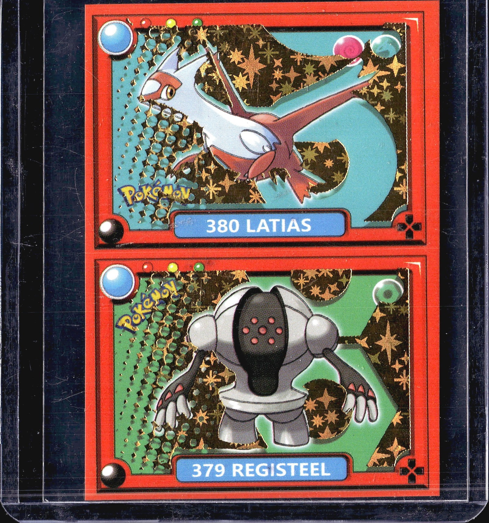 2-Card Lot Pokemon Holo Trading Cards TCG #379 #3: This lot contains two holographic Pokemon trading cards displaying Latias and Registeel. The cards feature full-art holographic foil finish with vibrant star-pattern backgrounds and rainbow-colored sp
