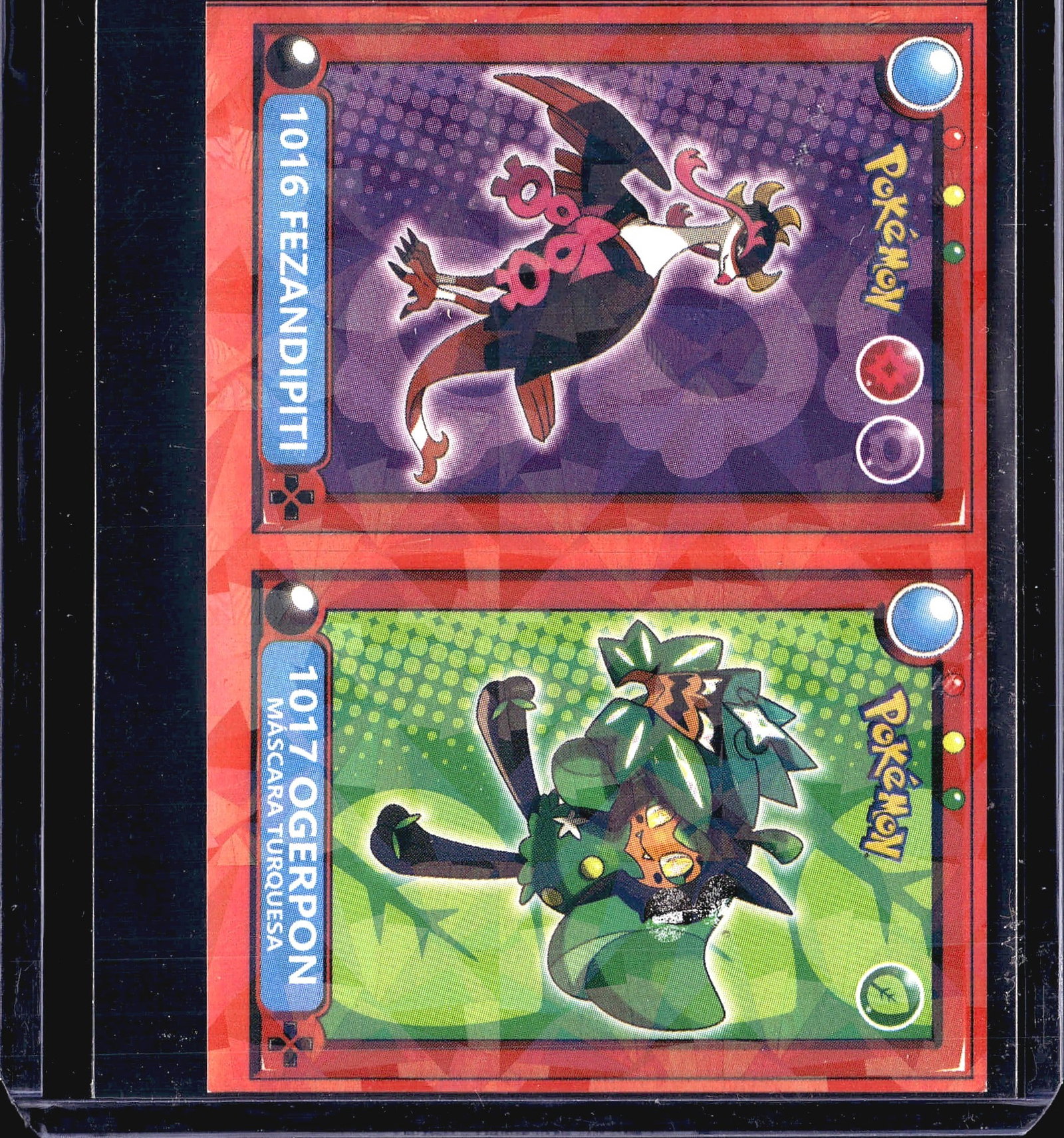 2-Card Lot Vintage Pokemon Holo Trading Cards TCG: This lot contains two Pokemon trading cards featuring holographic foil finishes on a red-bordered presentation. The top card displays a red and black creature with distinctive markings against a purpl