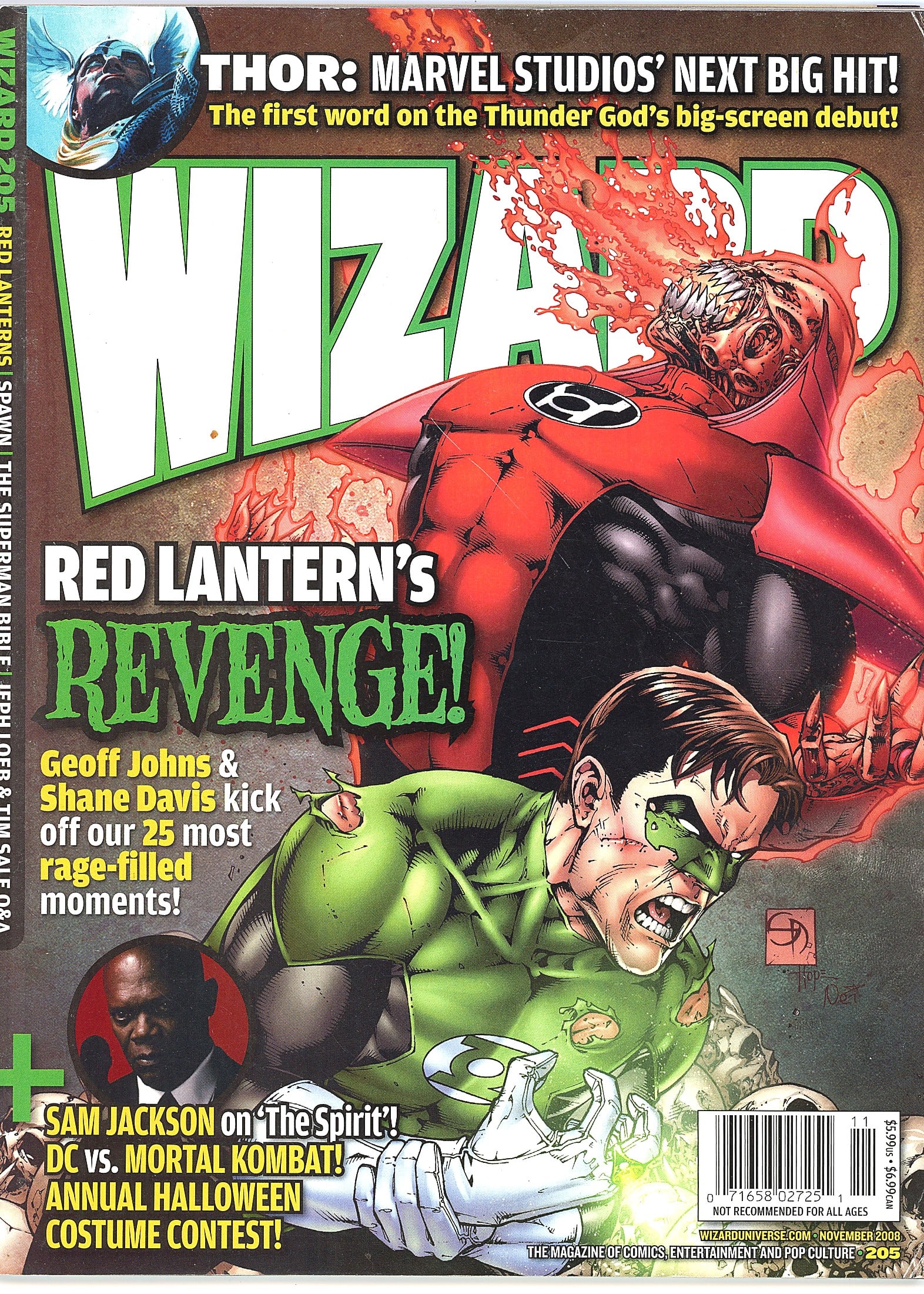 2008 Wizard Magazine #205 November Red Lantern Co: Wizard Magazine issue #205, dated November 2008, featuring a dramatic cover illustration of a Red Lantern attacking Green Lantern, with artwork by Shane Davis. The cover headline reads 'Red Lantern's