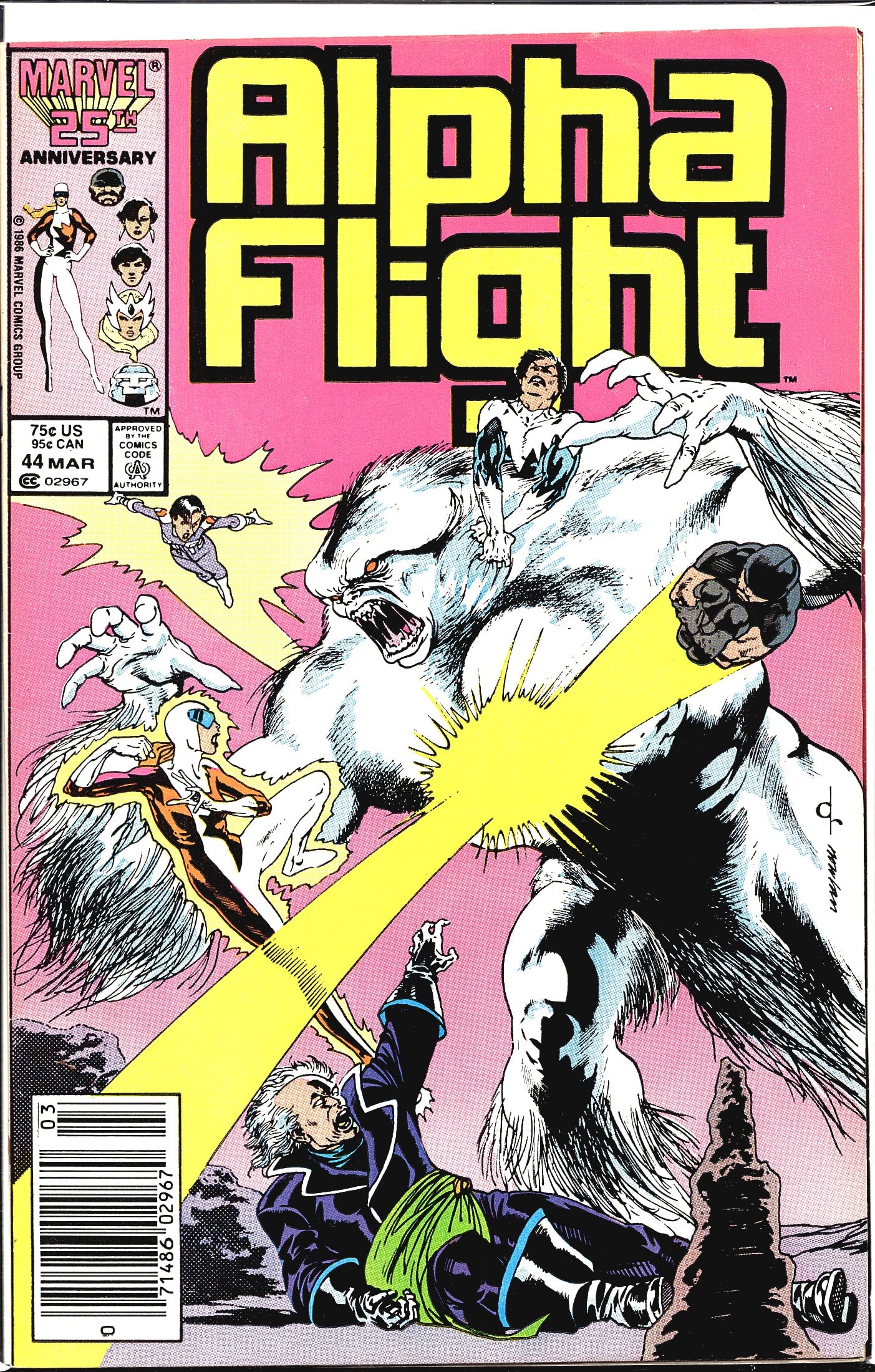1987 Marvel Alpha Flight Comic #44: Alpha Flight #44 published by Marvel Comics Group, cover dated March 1986, priced at 75 cents US / 95 cents Canadian. This issue was released during Marvel's 25th Anniversary celebration, as