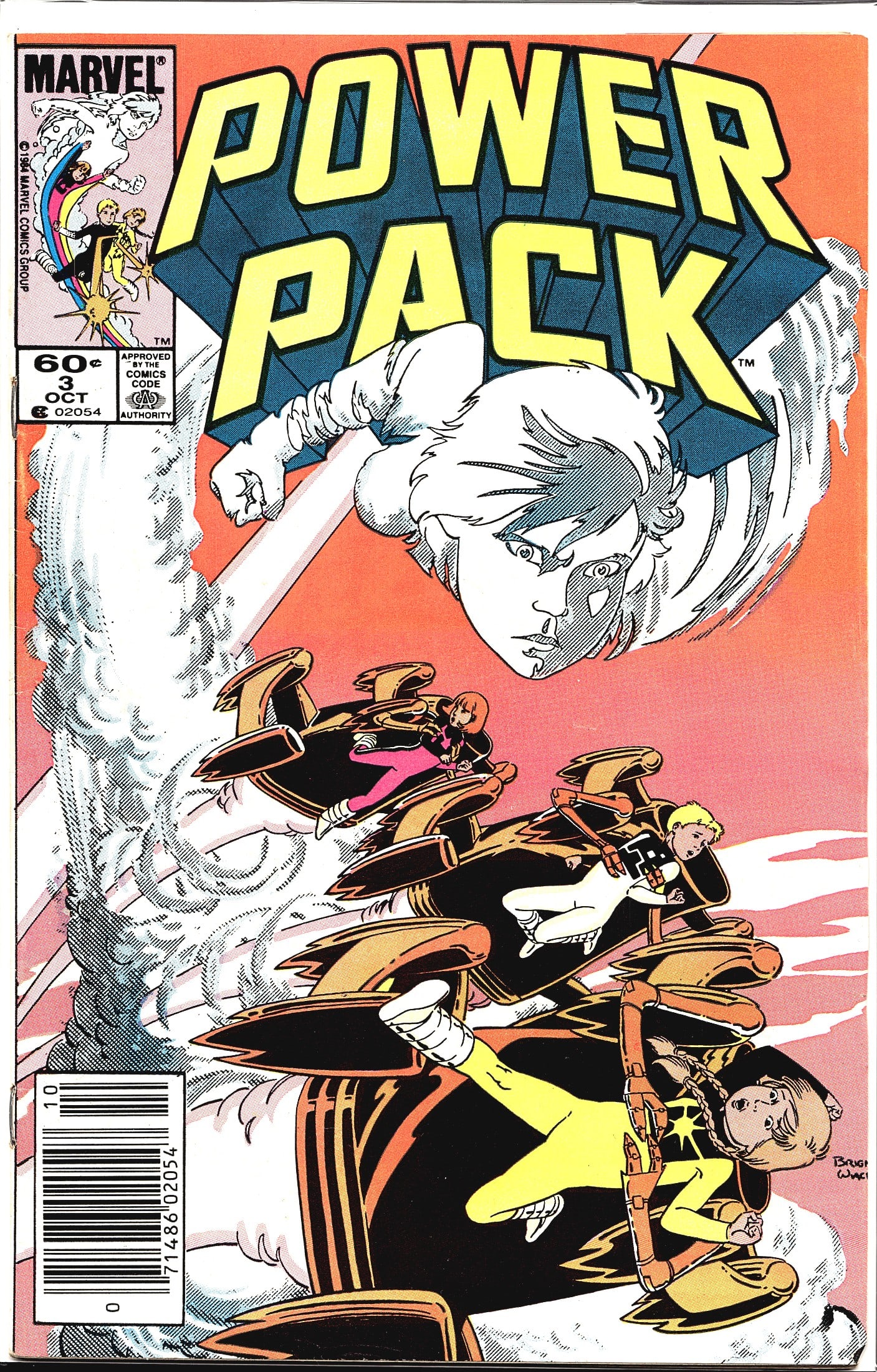 1984 Marvel Power Pack #3 Newsstand Comic Book: Power Pack #3 from Marvel Comics, cover dated October 1984. This issue is part of the original Power Pack series featuring the young superhero team created by Louise Simonson. The cover art depicts a