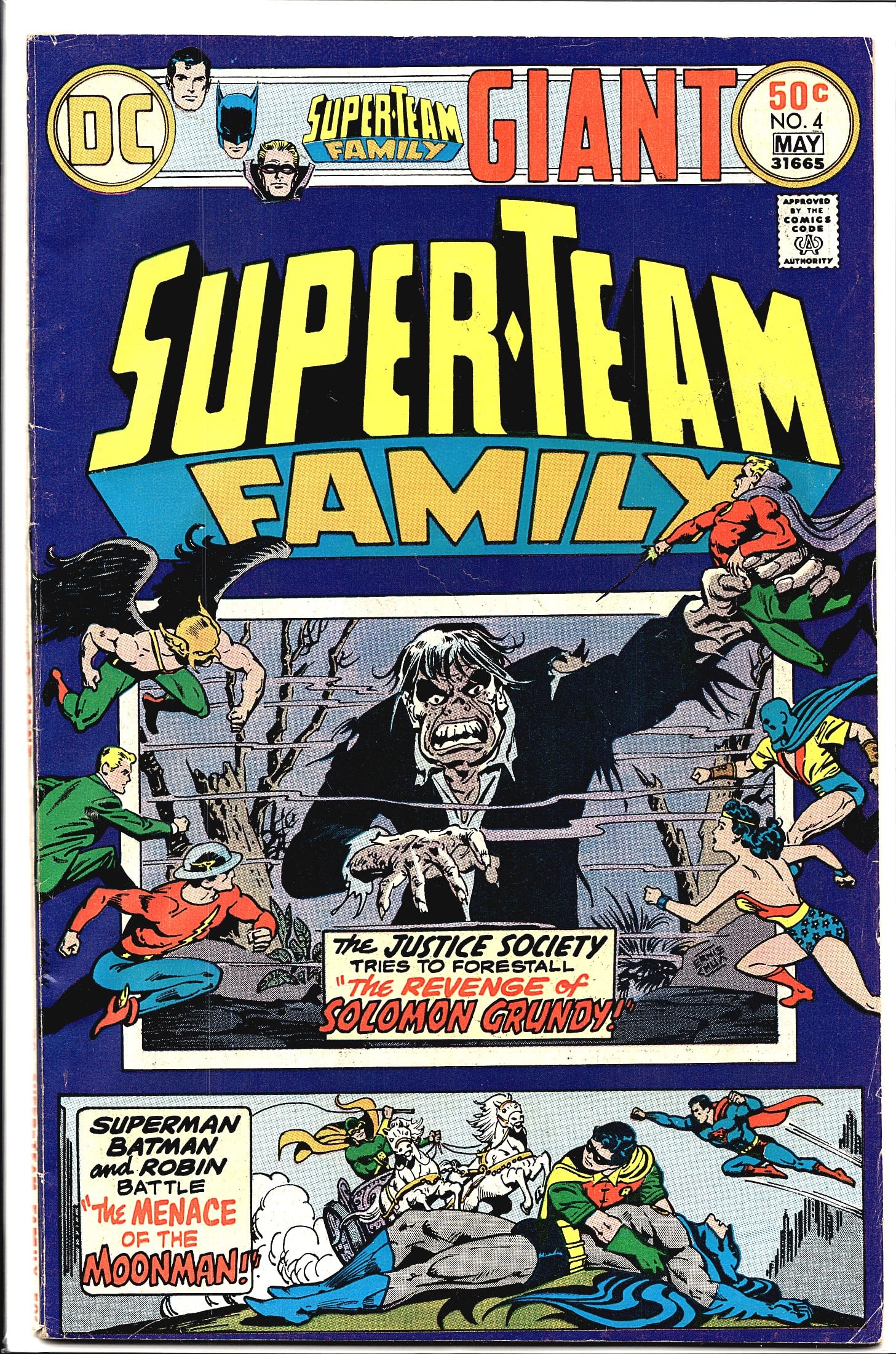 DC Comics Super-Team Family Giant #4 May 1976 Sol: DC Comics Super-Team Family Giant #4, cover dated May 1976, priced at 50 cents on the cover. This giant-sized issue features two stories: 'The Revenge of Solomon Grundy!' in which the Justice Society