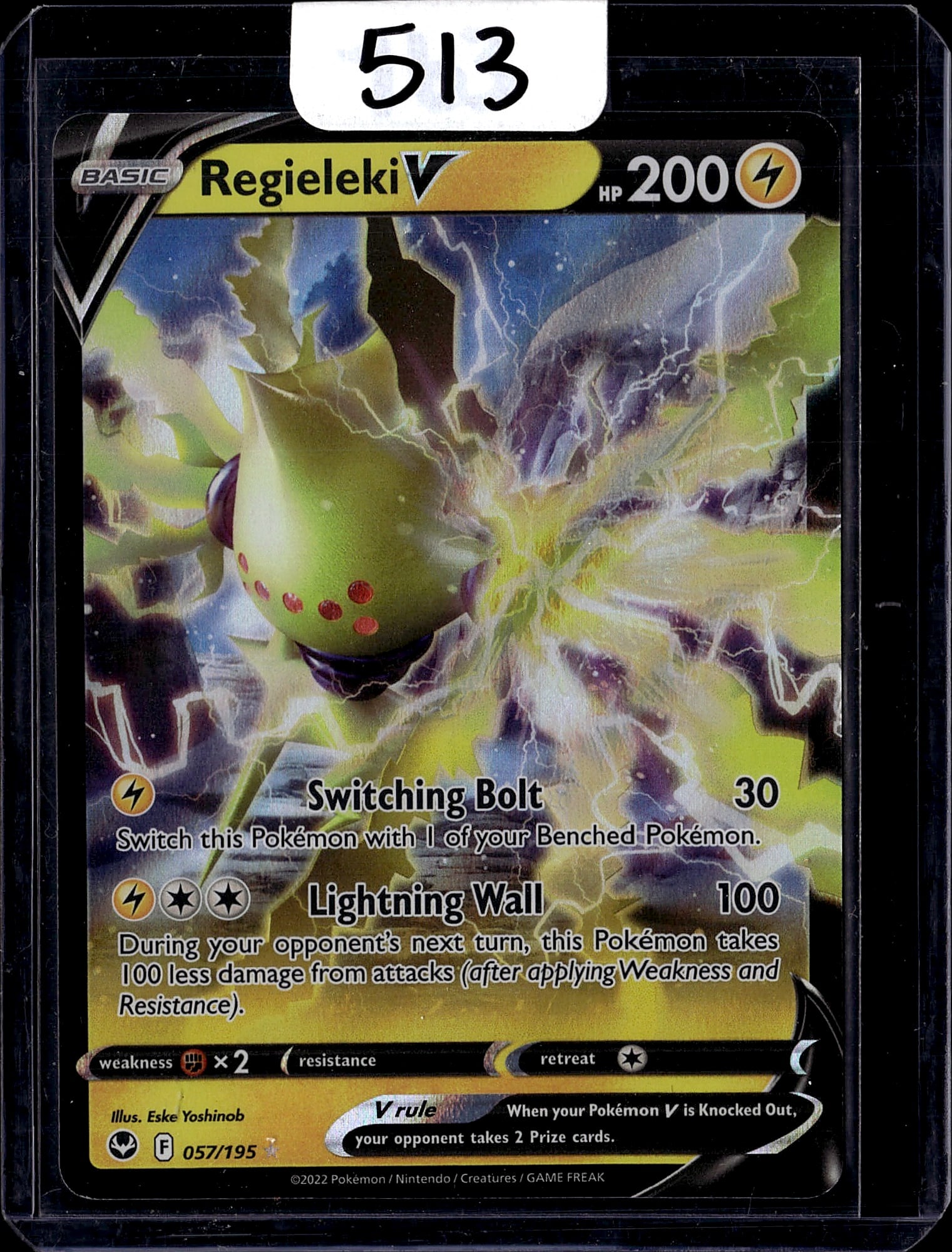 2022 Pokemon Sword Shield Silver Tempest Regielek: Regieleki V is a Lightning-type Basic Pokemon V card with 200 HP, classified as an Ultra Rare (Holo) from the Sword & Shield: Silver Tempest set (SWSH12). It features two attacks-Switching Bolt and