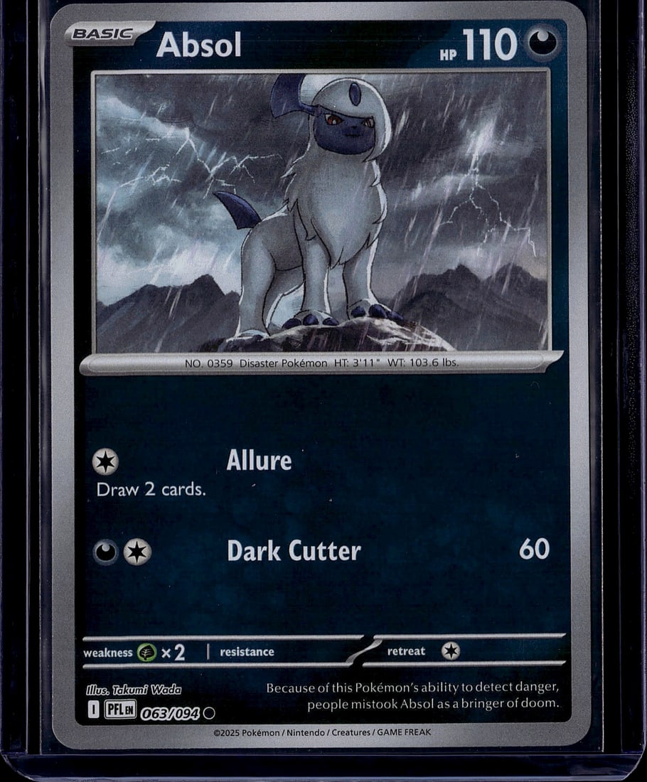2025 Pokemon Mega Evolution Phantasmal Flames Abs: Absol 063/094 is a Common Darkness-type Basic Pokemon card from the Pokemon TCG: Mega Evolution-Phantasmal Flames (ME02) expansion, released November 14, 2025. The card features 110 HP and is illustra