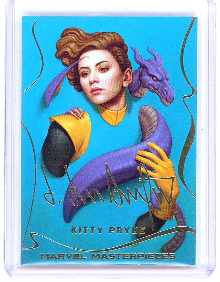 2022 Upper Deck Marvel Masterpieces #15 Kitty Pry: This is card #15 from the 2022 Upper Deck Marvel Masterpieces set, featuring Kitty Pryde of the X-Men. The card belongs to the Gold Signature Series subset and showcases artwork by Dan dos Santos depi