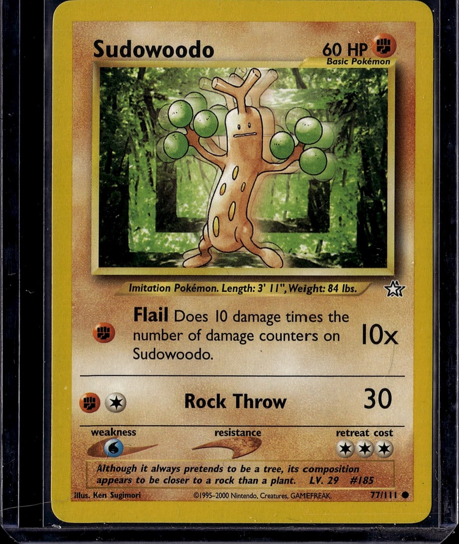 Sudowoodo 77/111 Neo Genesis Pokemon Card Single: This vintage Sudowoodo Pokemon card from the Neo Genesis set (77/111) is an authentic single from the 2000 Nintendo release era. The card features the iconic Imitation Pokemon with its signature green